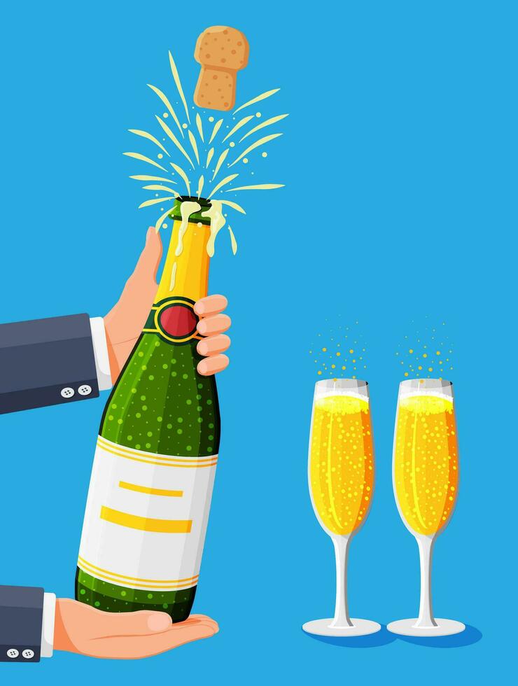 champán botella apertura con popular y corcho volador. champán explosión, botella popular y efervescencia. concepto de Bebiendo fiesta, cumpleaños, boda, Navidad, nuevo año celebracion. plano vector ilustración