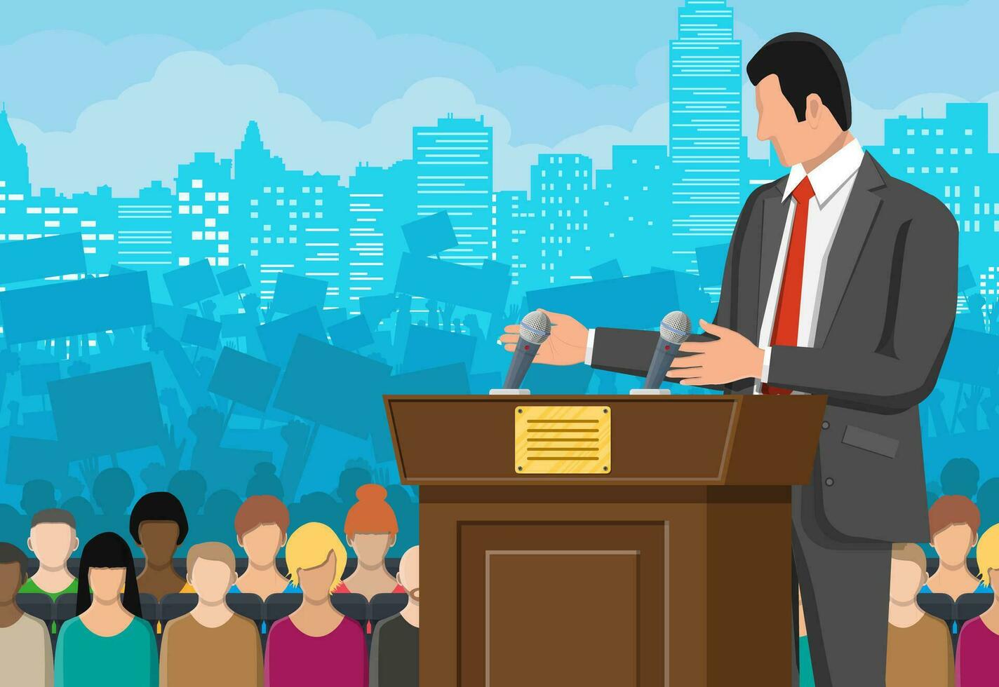 Orator speaking from tribune. Public speaker. Wooden rostrum with microphones for presentation. Stand, podium for conferences, lectures debates. Crowd, demonstrators, protest. Flat vector illustration