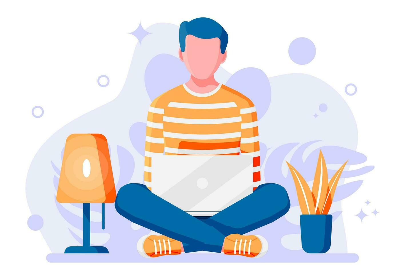 Young man sitting cross-legged and working on laptop. Boy in lotus pose with notebook. Creative job or studying concept. Freelance or remote work, online education. Cartoon flat vector illustration