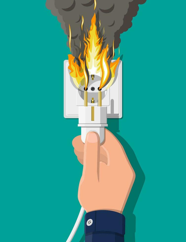 Electrical outlet with plug on fire. Overload of network. Short circuit. Electrical safety concept. Wall socket in flames with smoke. Vector illustration in flat style