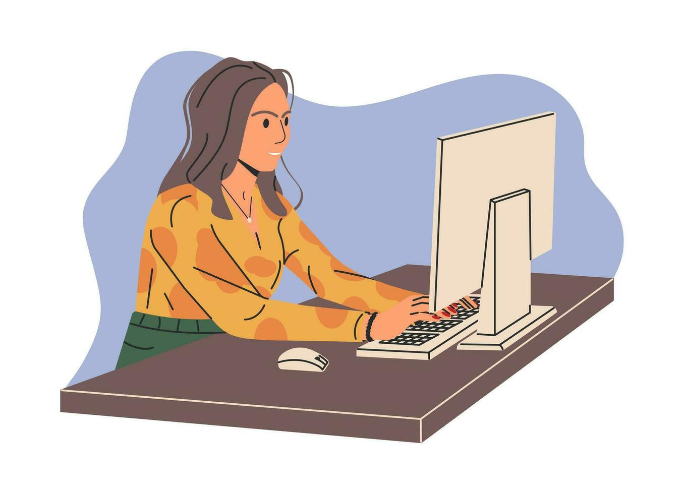 Woman Work on Computer in Office or Home. Young Female Character Works at Workplace. Stylish Office Worker in Casual Outfit at Workplace. Monitor, Keyboard and Mouse. Cartoon Flat Vector Illustration