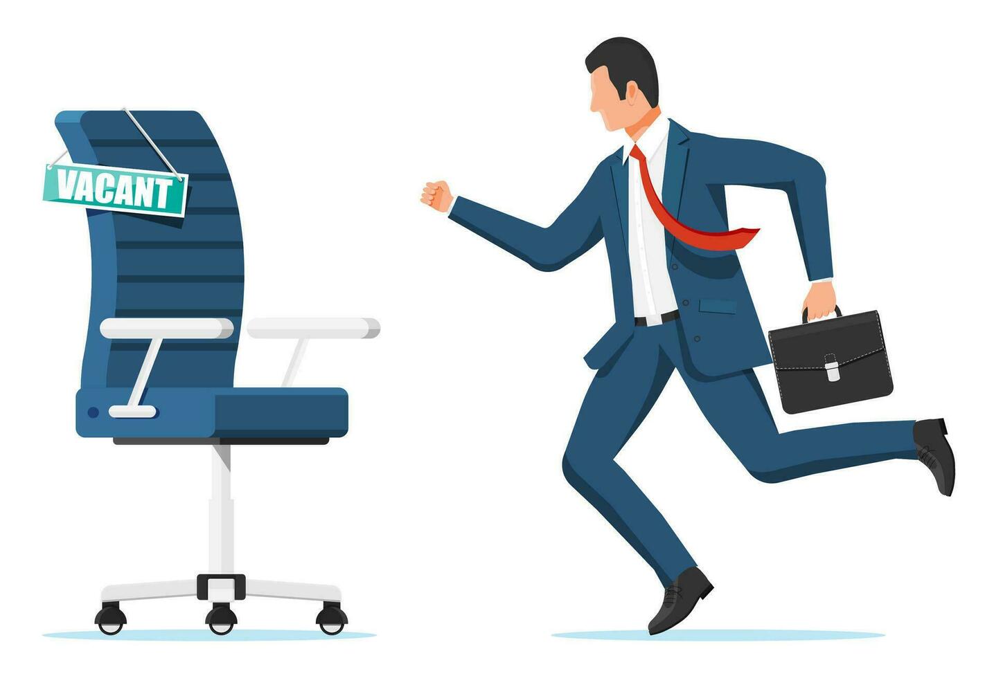 Office chair, sign vacancy. Employee with briefcase. Hiring and recruiting. Human resources management, searching professional staff, work. Found right resume. Flat vector illustration