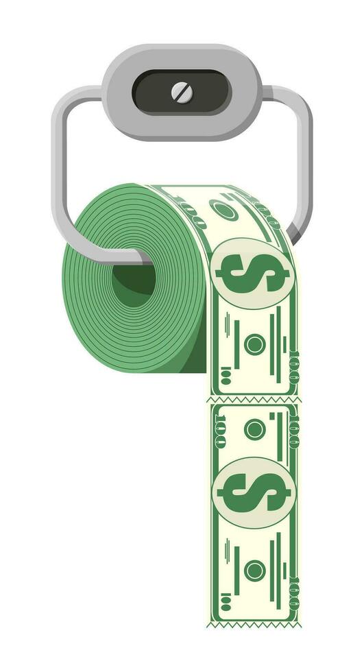 Hank of toilet paper dollar money. Garbage waste investment. Losing or wasting money, overspending, bankruptcy or crisis. Vector illustration in flat style