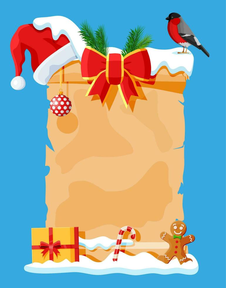 Old Christmas Parchment Scroll with Red Santa Claus Hat, Gift Box and Bow. Happy New Year Decoration. Merry Christmas Holiday. New Year and Xmas Celebration. Vector Illustration Flat Style