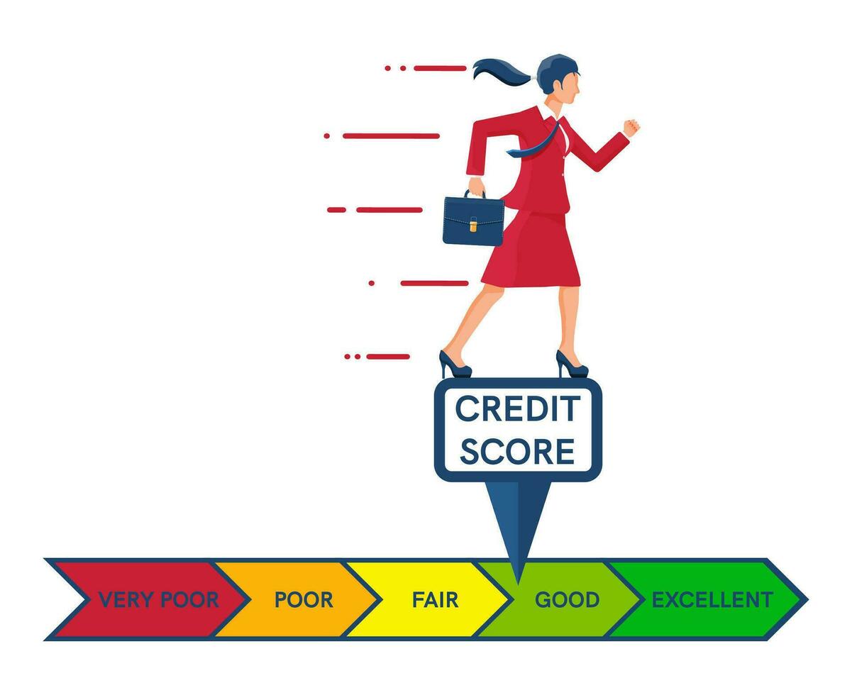 Businesswoman Changing Personal Credit Information. Woman Pushing Arrow to Make Credit History Better. Female Improves his Creditworthiness, Credit Score, Approval Solvency. Flat Vector Illustration