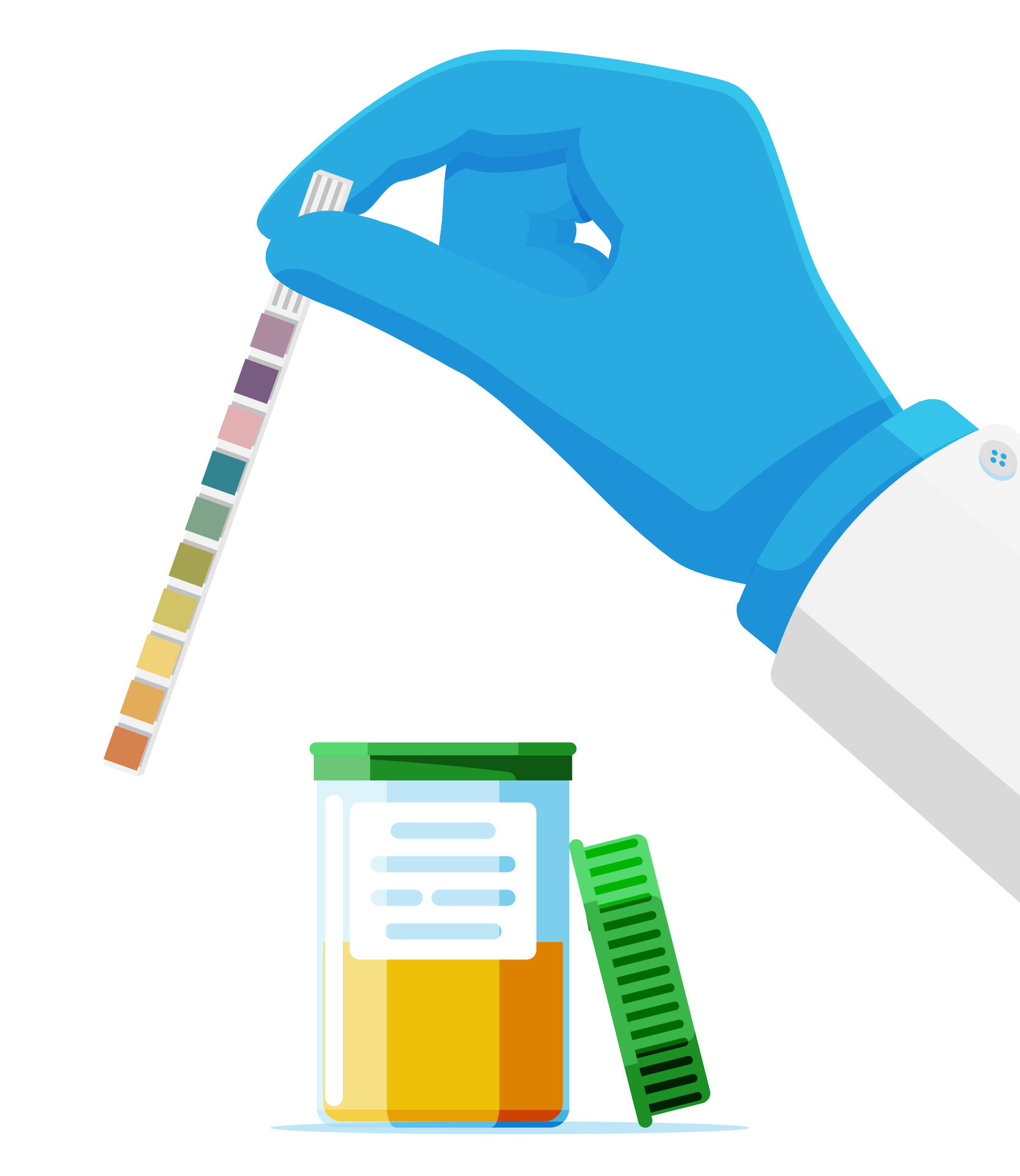 Hand of Doctor Holding Urine PH Test Strip in Jar Isolated. Laboratory Urine Test Sample