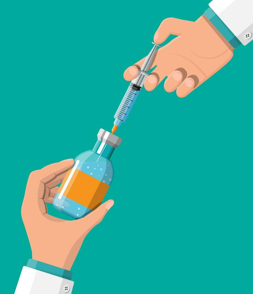 Ampoule and syringe with medicament in hand. Vaccination concept. Injection syringe needles. Medical equipment. Healthcare, hospital and medical diagnostics. Vector illustration in flat style