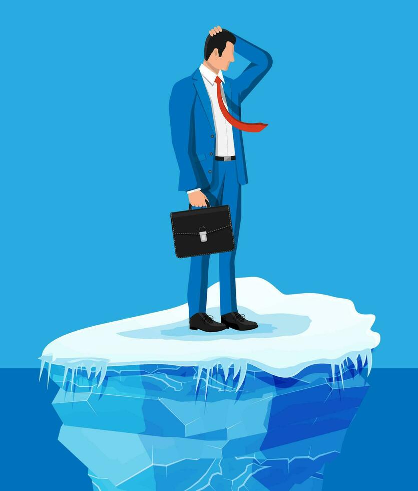 desesperado empresario flotadores en iceberg. obstáculo en trabajar, financiero crisis. riesgo gestión, negocio desafío, motivación. plano vector ilustración