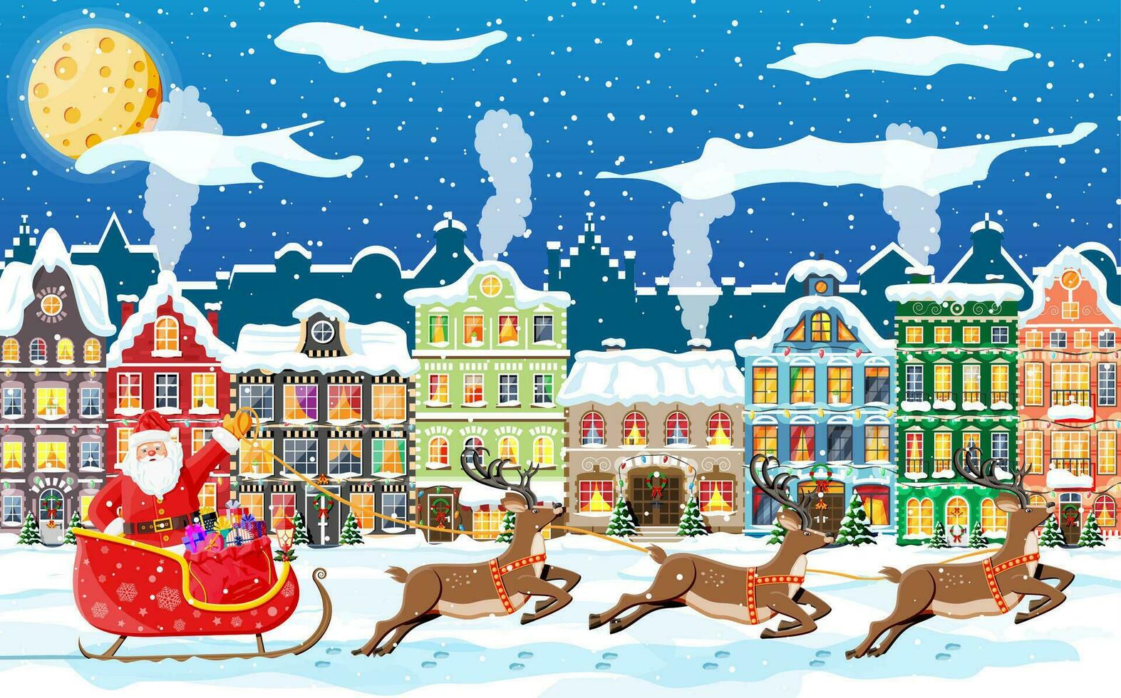 Town Covered Snow. Building in Holiday Ornament. Christmas Landscape, Tree, Santa Sleigh Reindeers. New Year Decoration. Merry Christmas Holiday Xmas Celebration. Vector illustration