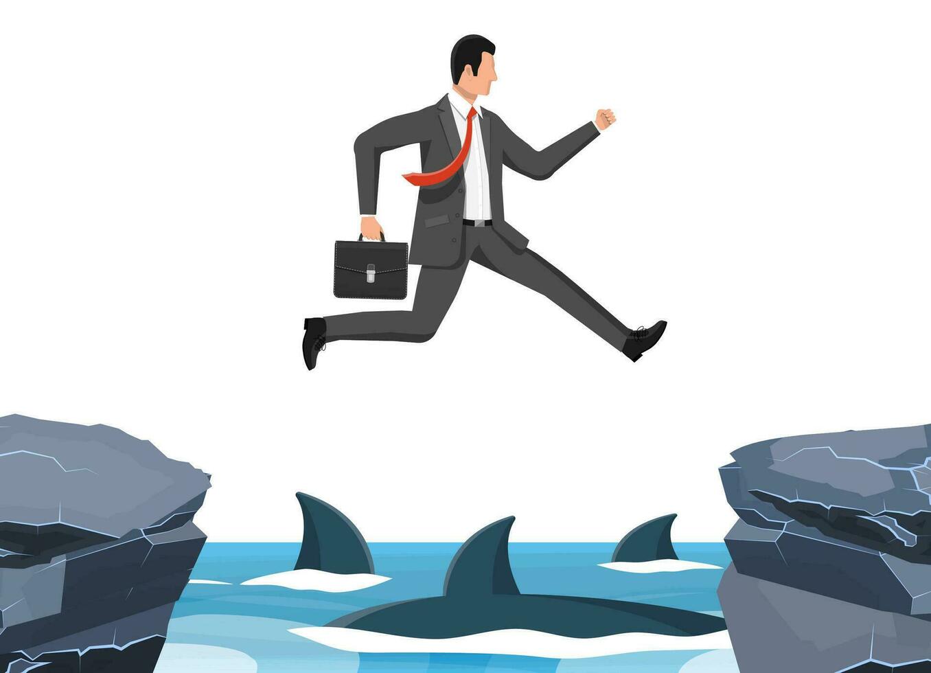 Businessman jumping over shark in water. Business man in suit with briefcase jump between gap. Obstacle on road, financial crisis. Risk management challenge. Flat vector illustration