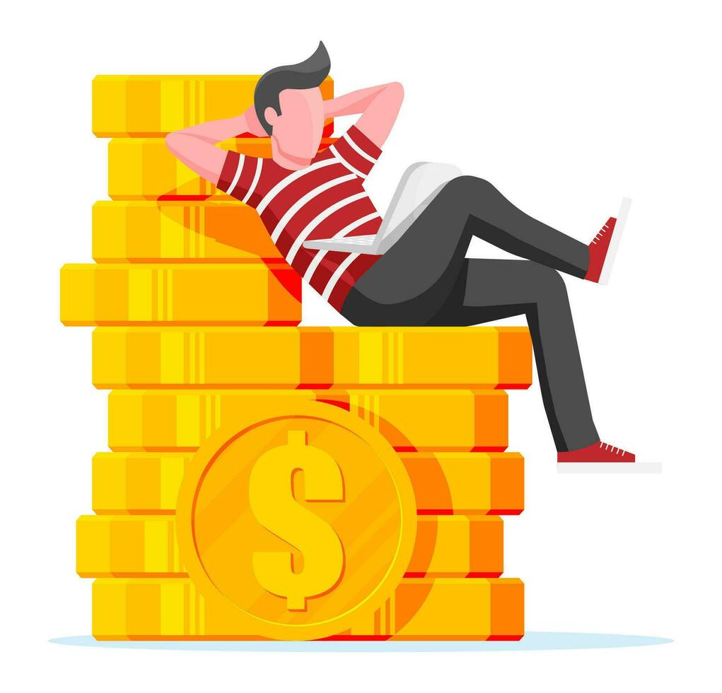 hombre sentar y Relajado en dorado monedas apilar y utilizar ordenador portátil. hombre es descansando en pila de monedas persona de libre dedicación relajante después trabajar. hipster personaje en pantalones y camiseta. plano vector ilustración