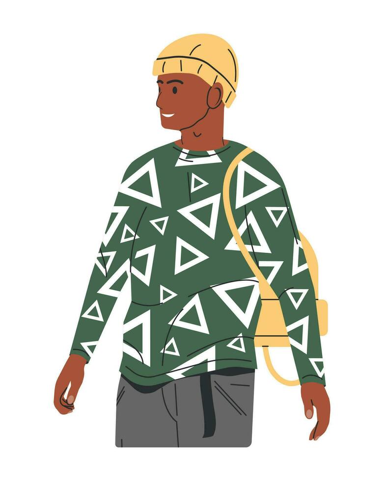 Black Skinned Man in Long Sleeve with Print, Pants, Hat. Young Man in Trendy Street Clothes. Male Character in Stylish Casual Look. Fashionable Guy with Backpack. Cartoon Flat Vector Illustration
