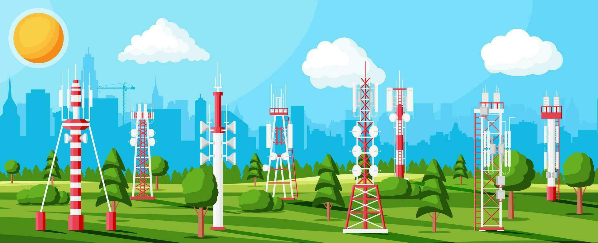 Transmission Cellular Tower Antenna Landscape. Network Broadcast Equipment Isolated. Broadcasting, Internet, Television Cell Station. 4G 5G. Satellite Communication Antenna. Flat Vector Illustration