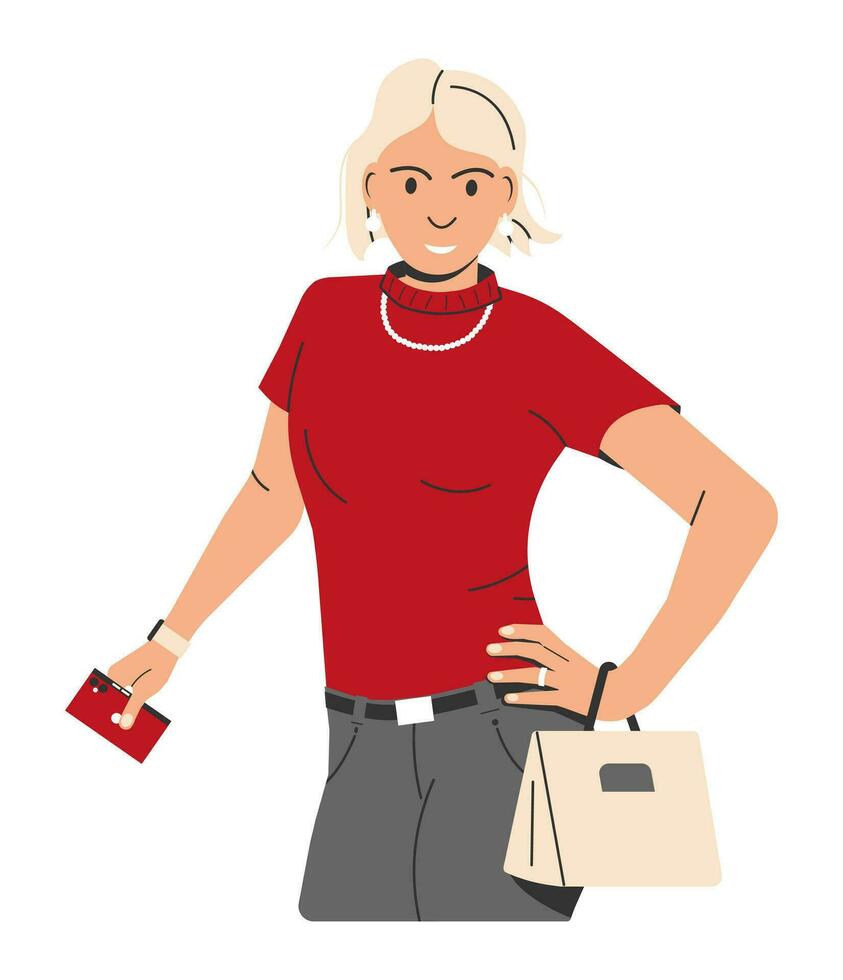 elegante mujer en Moda atuendo. de moda rubia niña aislado en blanco. moderno mujer con bolsa, teléfono inteligente y elegante accesorios. adulto hembra personaje. dibujos animados plano vector ilustración