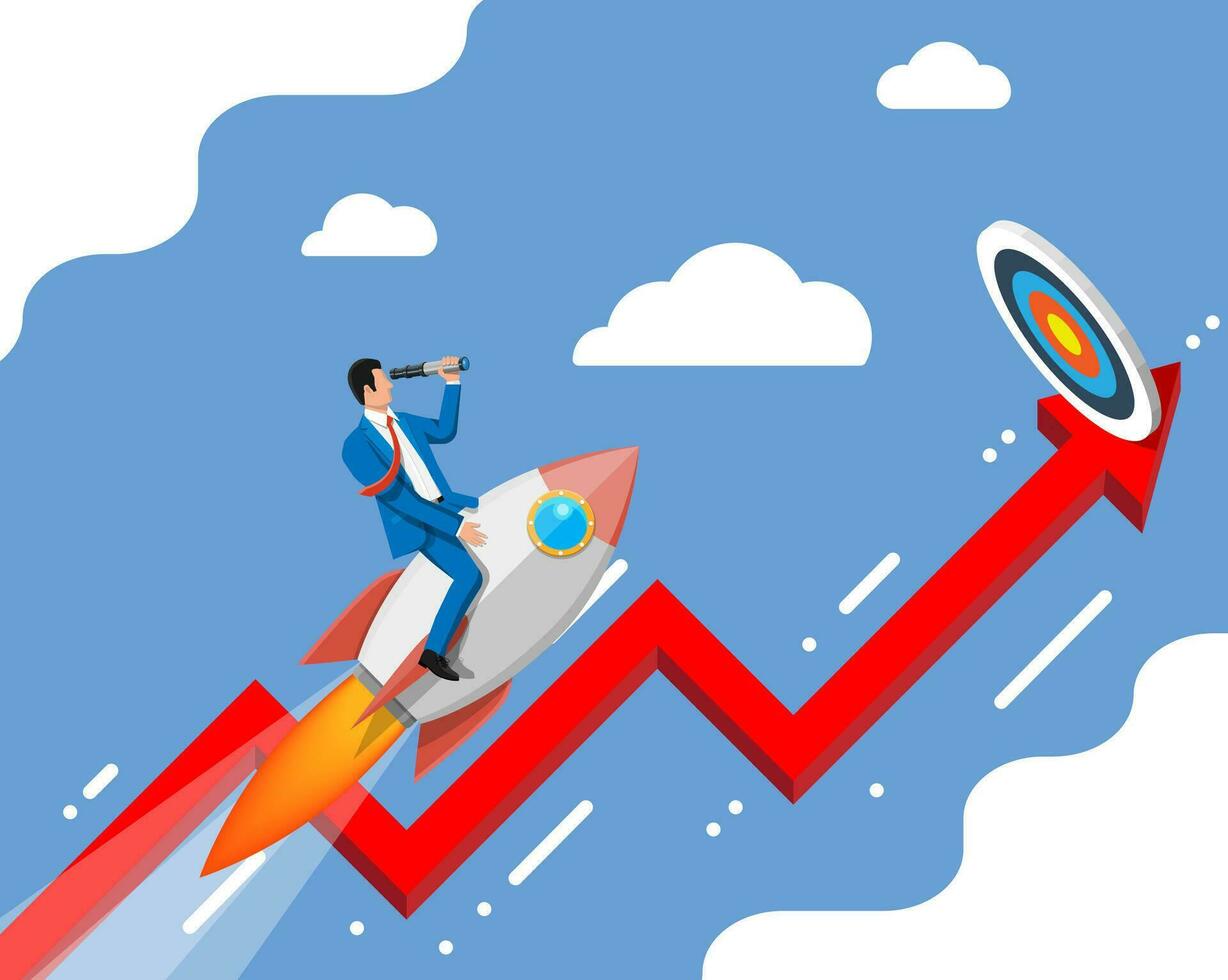 Successful business man flying on rocket on graph going up to target. Businessman on flying space ship. New business or startup. Idea, growing, success, start up strategy. Flat vector illustration