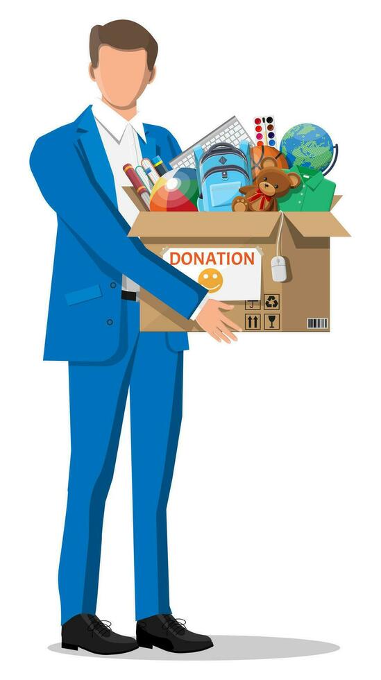Man, cardboard donation box toys, books, clothes and devices. Help for children, support for poor kid. Donate container in hand. Social care, volunteering, charity concept. Flat vector illustration