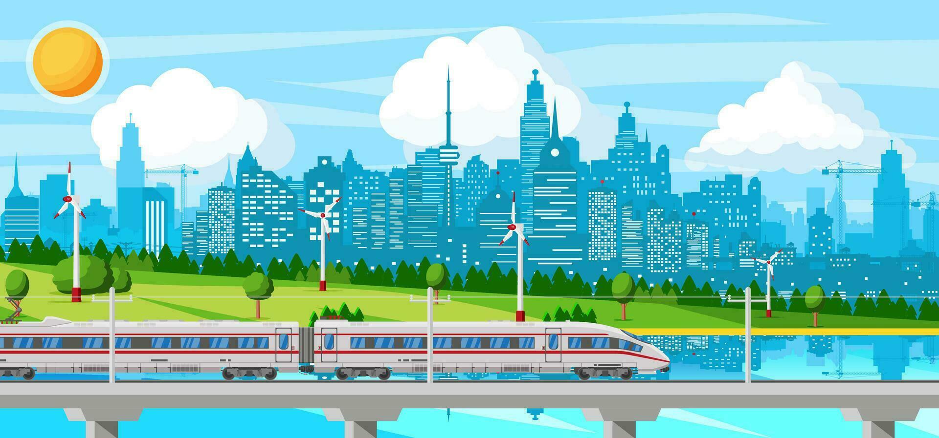 Skytrain and Landscape with Cityscape. Super Streamlined Train. Passenger Express Railway Locomotive. Monorail Railroad Public Transportation. Rapid Transport Subway. Flat Vector Illustration