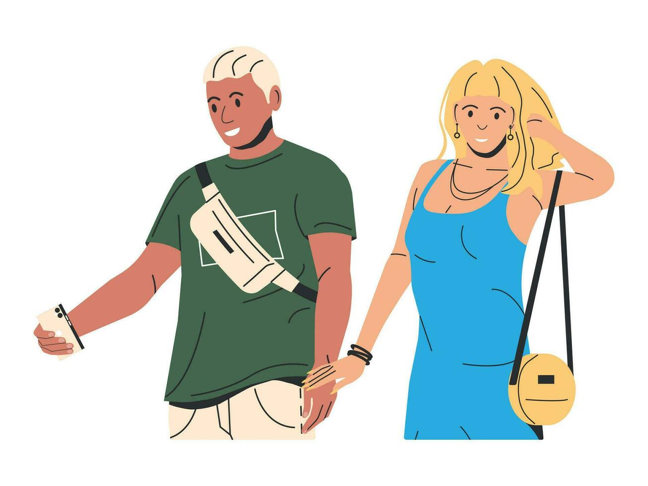 mujer en vestir y hombre con cintura bolso aislado. Moda niña con bolso en largo zapatos. de moda hombre en casual ropa con teléfono. de moda estilo de vida. elegante Pareja. plano vector ilustración