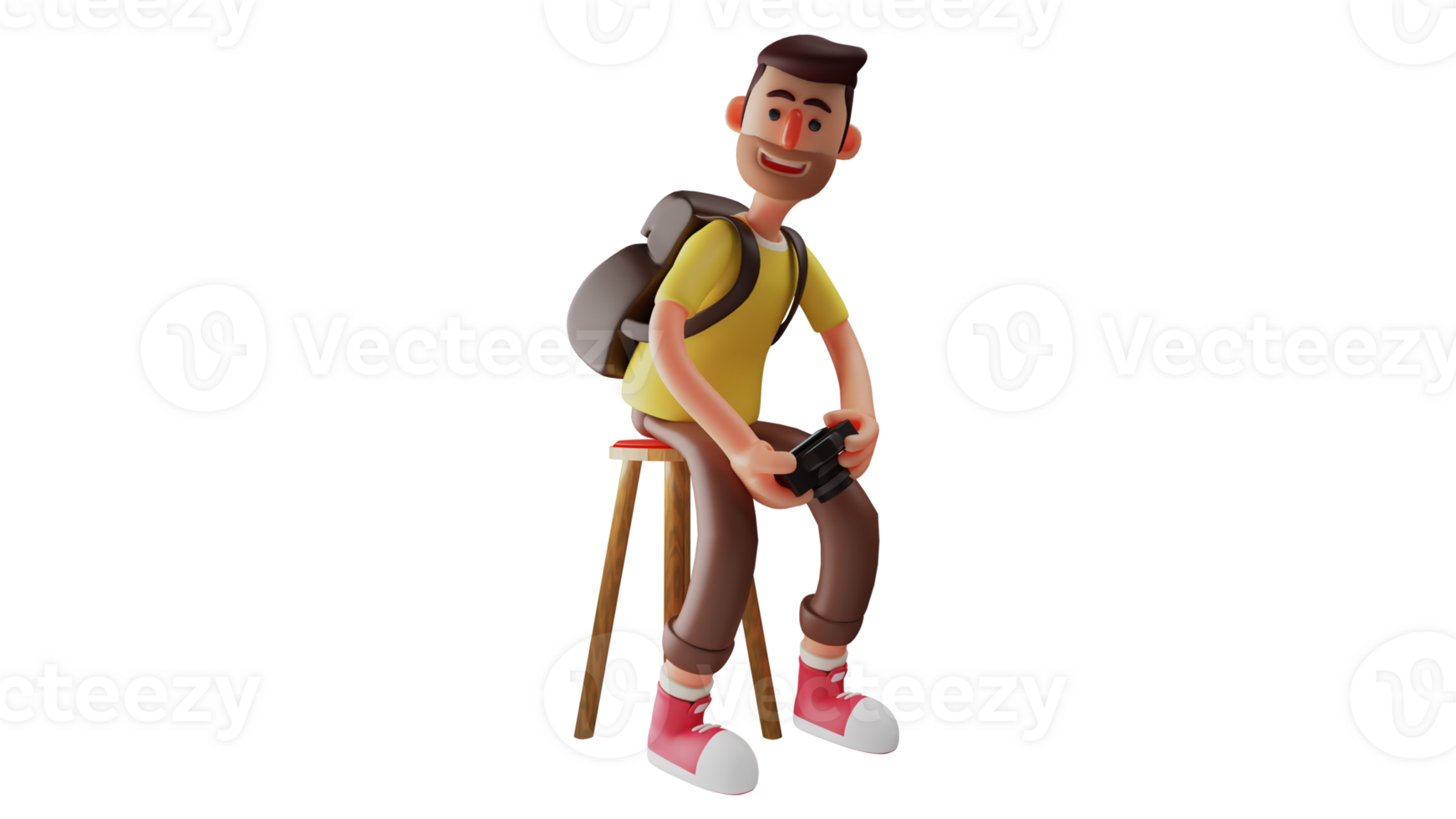 3D Illustration. Handsome Youth 3D Cartoon Character. Handsome young man sat and carrying a backpack on his shoulder and holding his favorite camera. Photographer smiled sweetly. 3D cartoon character png