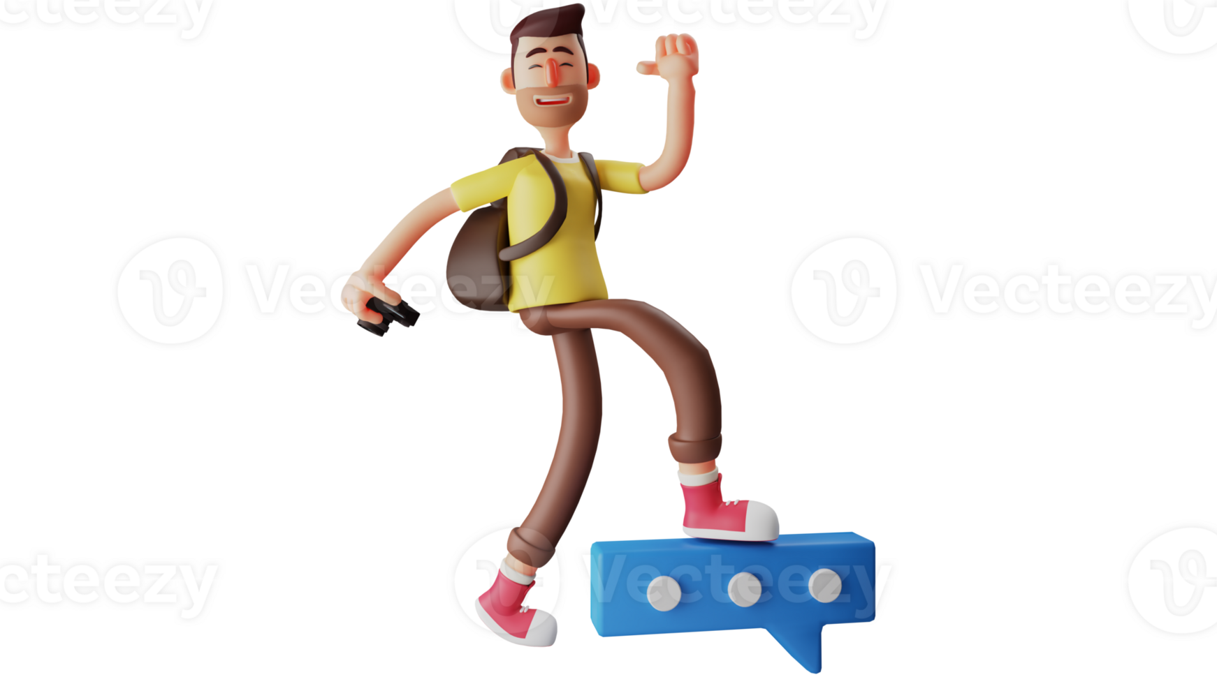 3D Illustration. Tourist 3D cartoon character. Tourist stepped up and there were blue beams underneath. Cheerful tourist who show his happy smiles. Tourist hold the camera. 3D cartoon character png