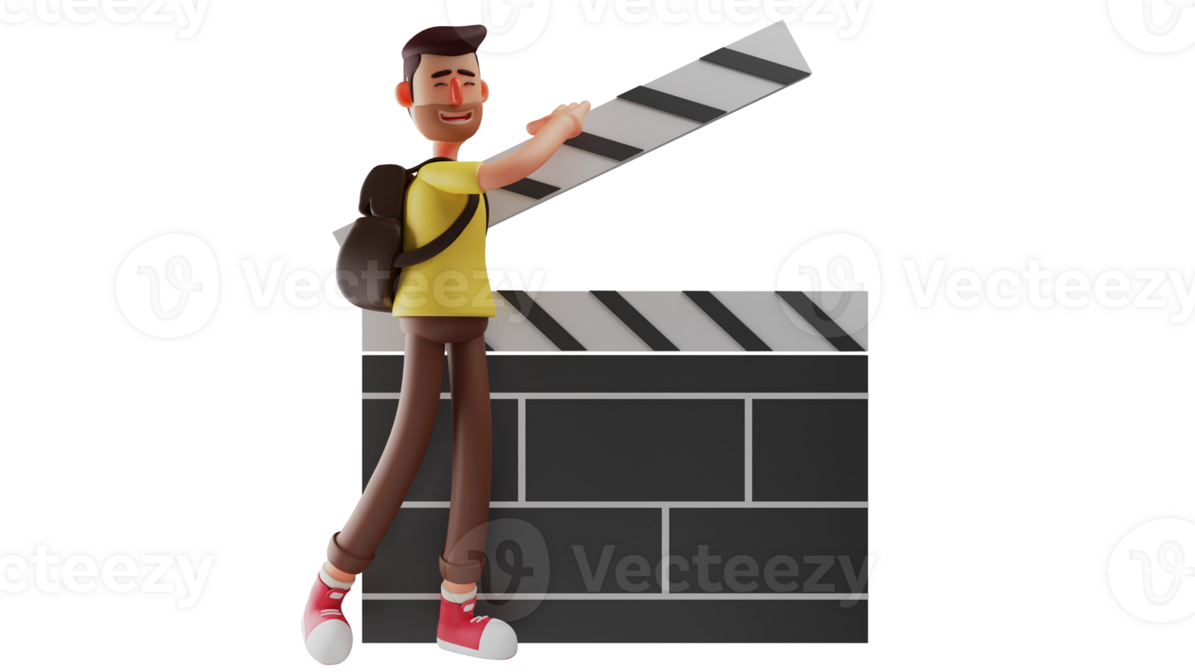 3D illustration. Film Student 3D Cartoon Character. Students visit a film studio. Student stand holding giant clapper board. Handsome student who looks happy. 3D cartoon character png