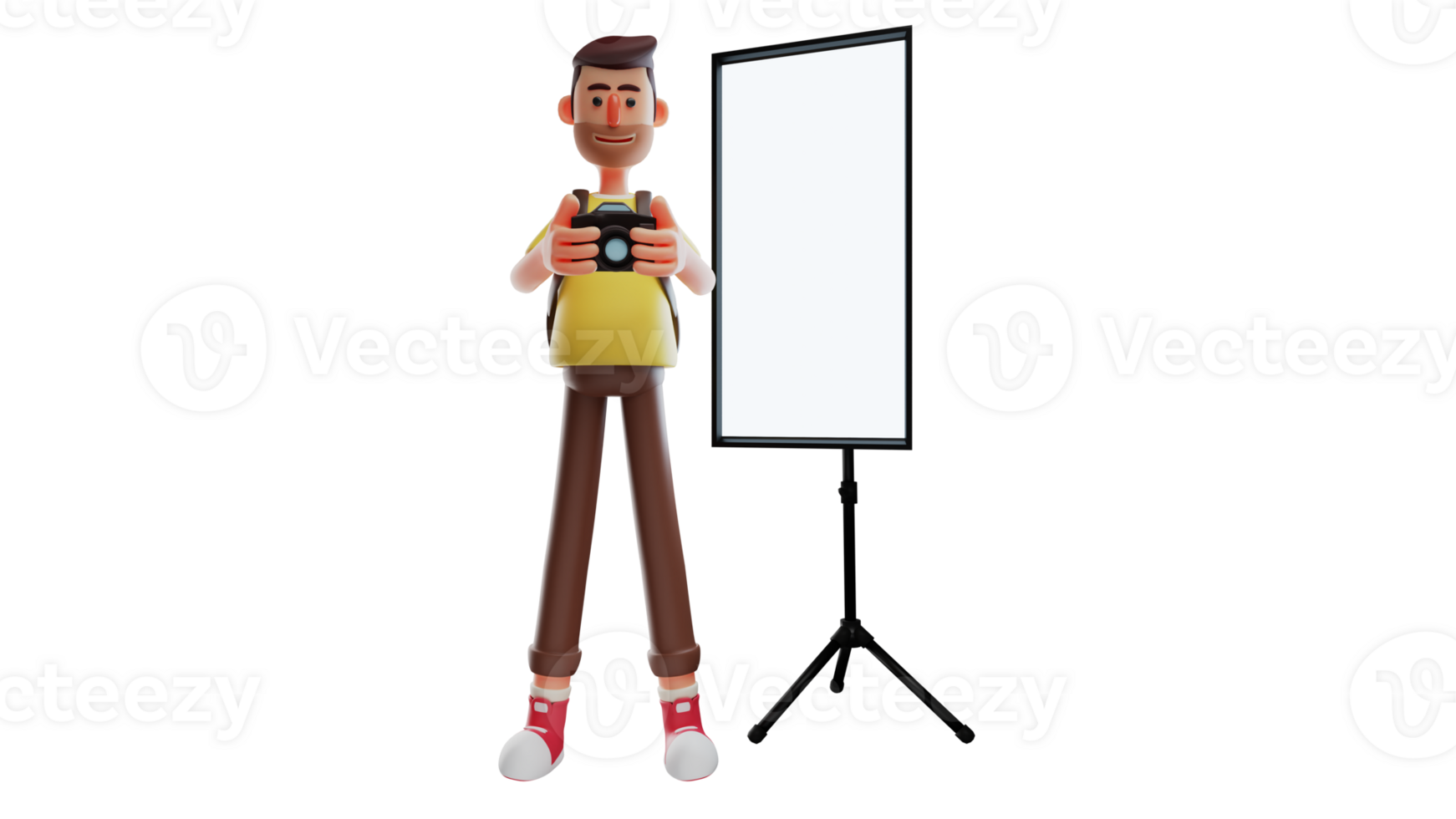 3D illustration. Sweet Boy 3D Cartoon Character. Photographer smiled sweetly while holding his camera. Photographer is standing next to the white screen. 3D cartoon character png