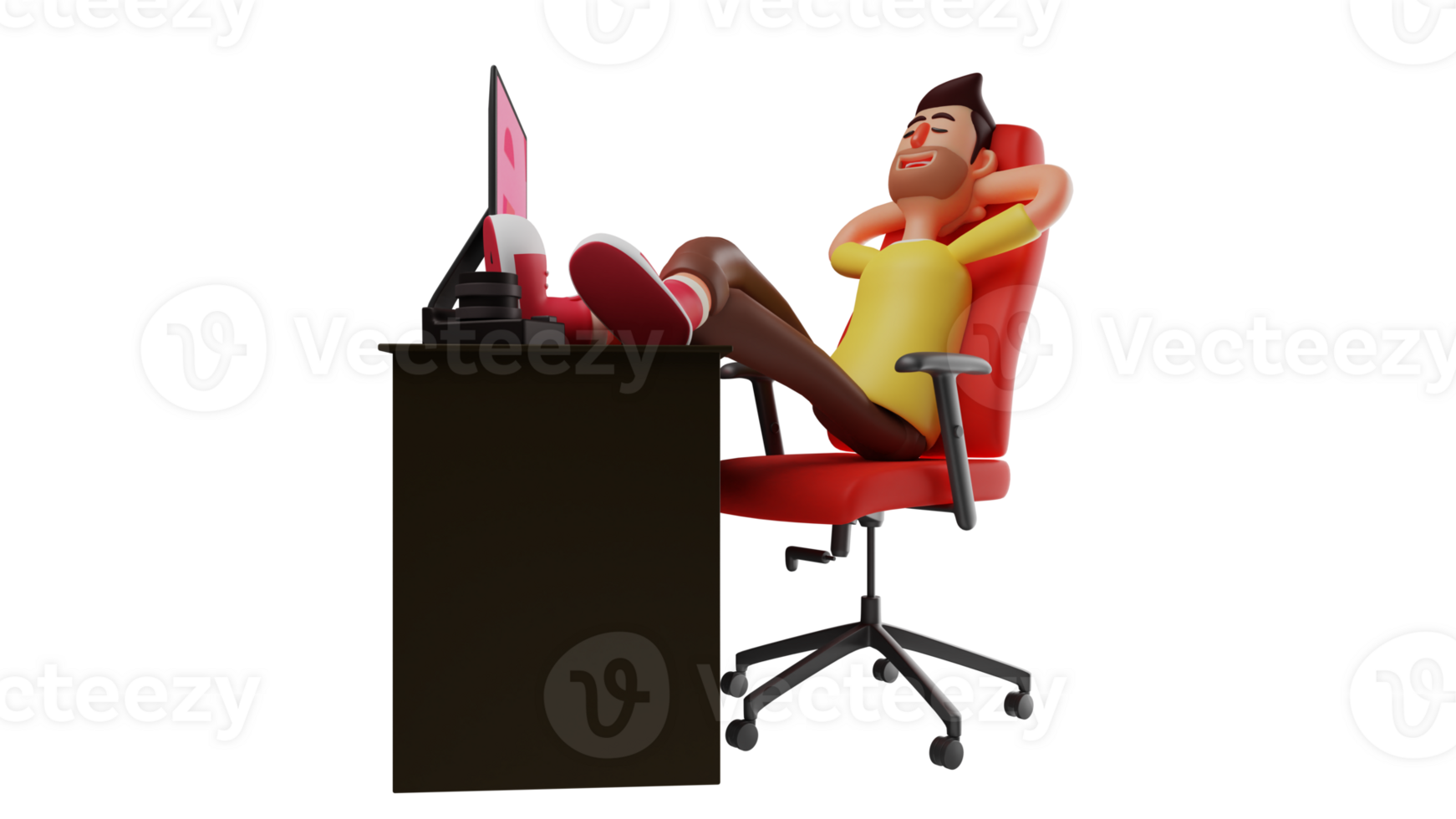 3D Illustration. Office Worker 3D Cartoon Character. Man who is relaxing at his desk. Man who works as a photographer is resting in front of the computer while closing his eyes. 3D cartoon character png