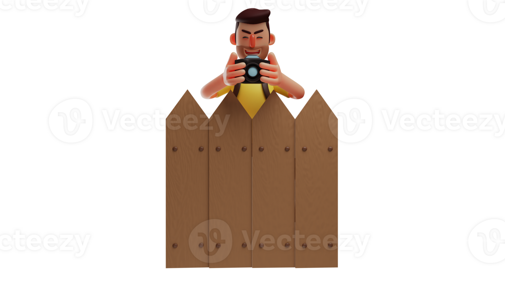 3D illustration. Beard Man 3D cartoon character. Man holding a camera while smiling. Photographer is standing behind a wooden fence while looking at the photos on the camera. 3D cartoon character png