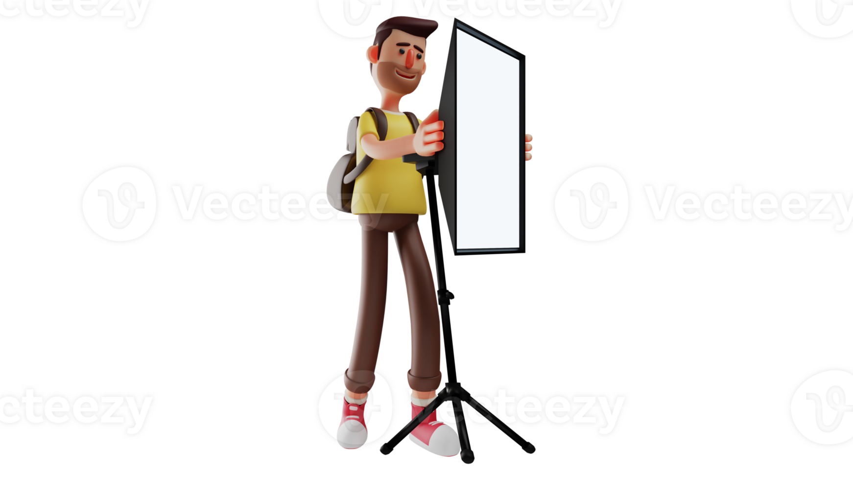 3D illustration. Bearded Man 3D Cartoon Character. Bearded man arranging the white screen to be used. The Cameraman Crew prepares the equipment that will be used immediately. 3D cartoon character png