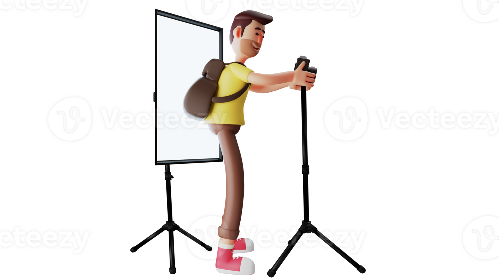 3D illustration. Diligent Photographer 3D Cartoon Character. Young man works as a cameraman in an office. The photographer directs the camera using both hands. 3D cartoon character png