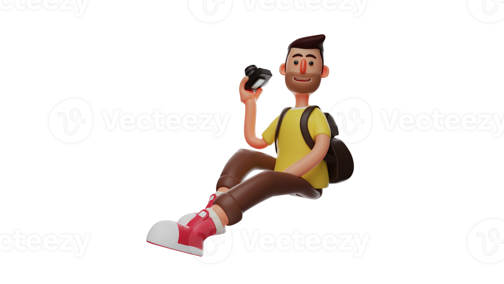 3D illustration. Handsome Adventurer 3D cartoon character. Adventurer wear yellow t-shirt and carry camera. The handsome tourist who sat stretched out showed a sweet smile. 3D cartoon character png