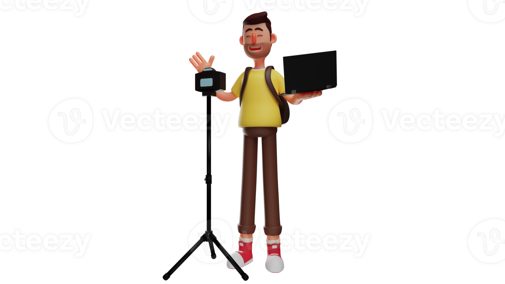 3D Illustration. Diligent Student 3D cartoon character. Student is working on a project. Student with camera that is established and hold laptop. 3D cartoon character png