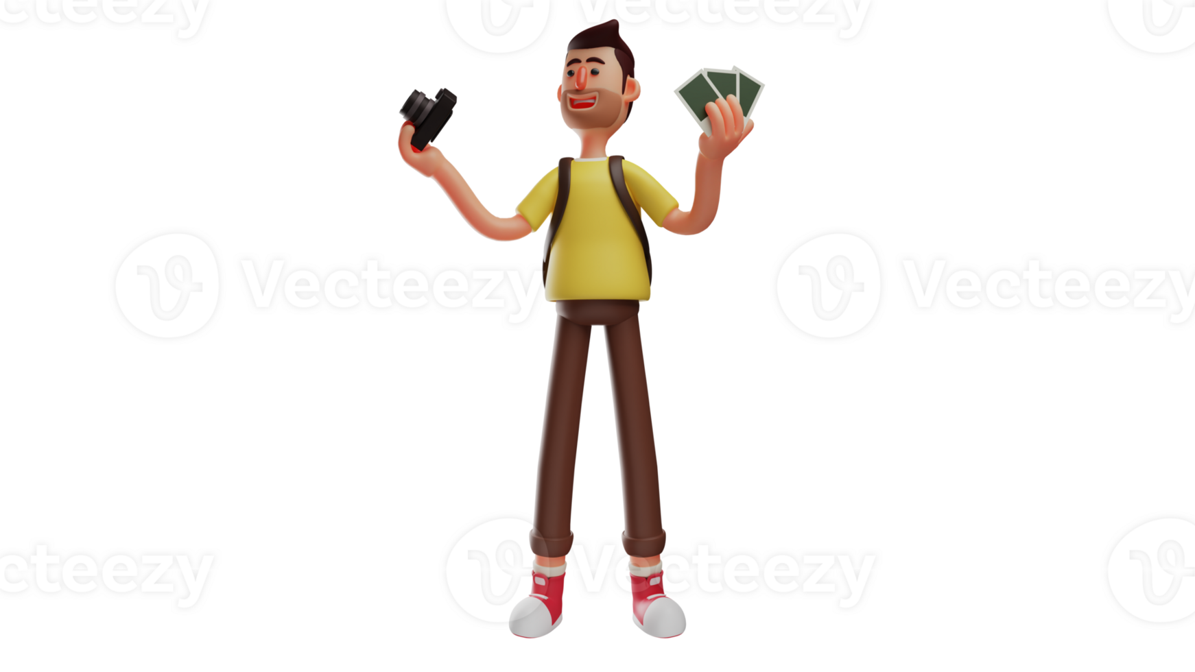 3D illustration. Photographer 3D cartoon character. The photographer is working at a tourist spot. A man offers photo services while holding a printed photo from his camera. 3D cartoon character png