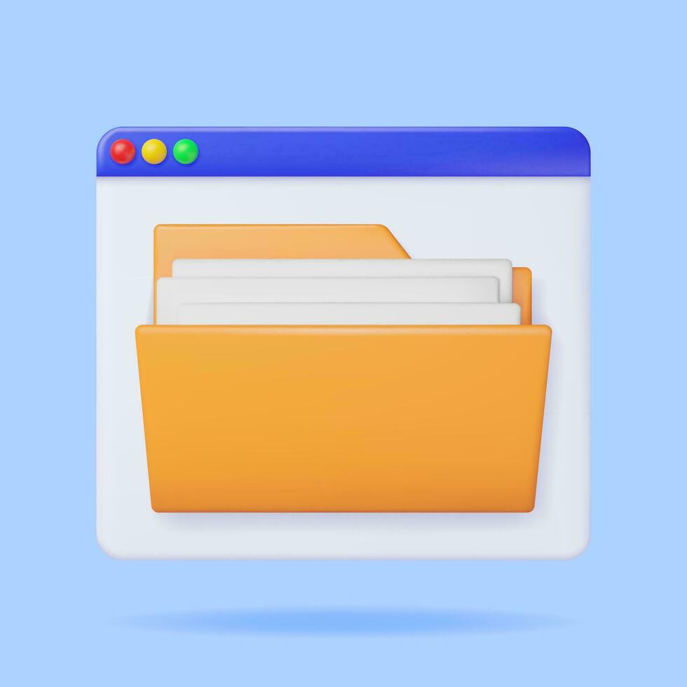 3D Desktop Interface Window with File Folder Isolated. Render Yellow Folder for Correspondence, File for Paper Documents. Open Folder Icon, Manila Archive Case or Ring Binder. Vector Illustration