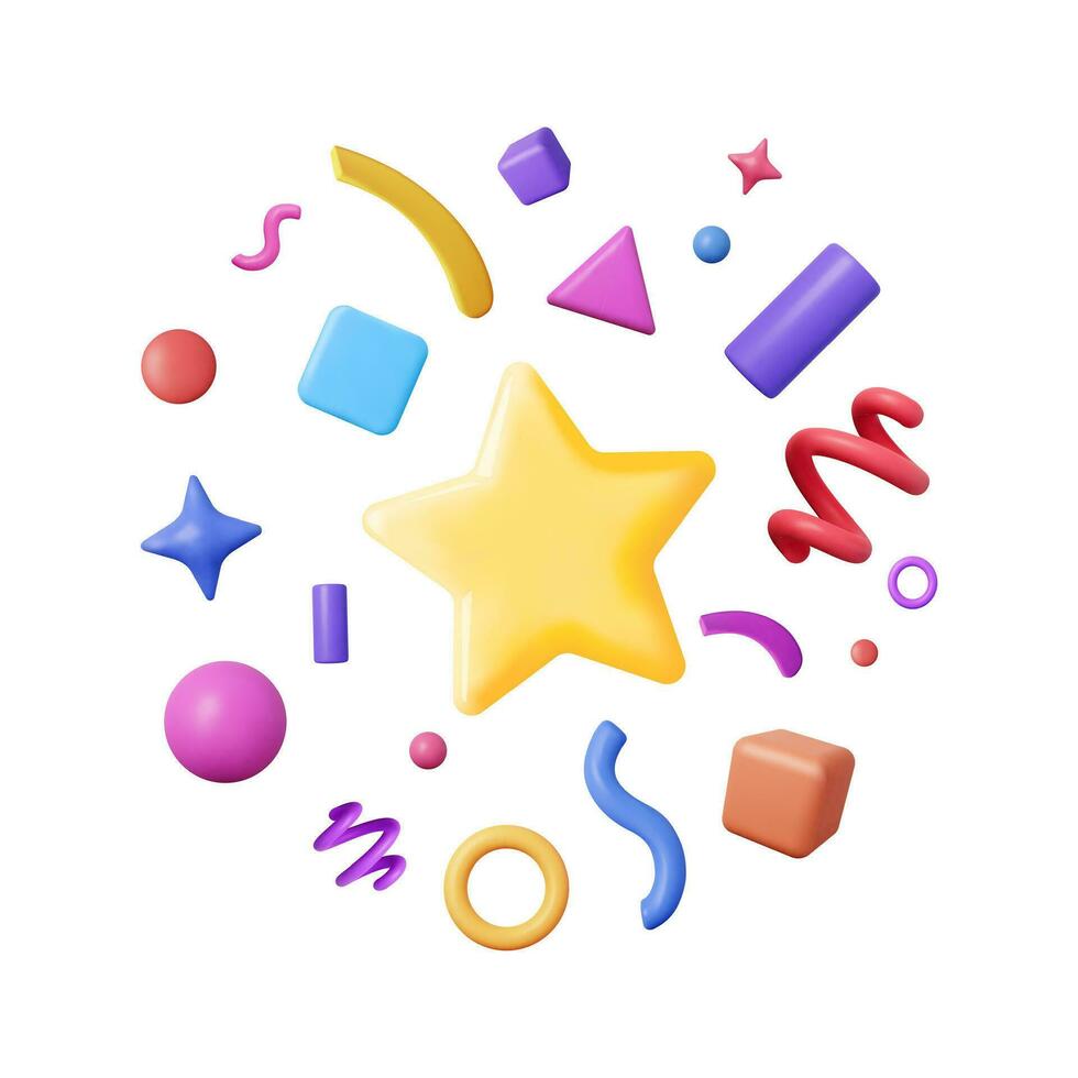 3D Party Confetti Set Isolated on White. Render Plasticine Confetti Collection. Colorful Firecracker Elements in Various Shapes. Party, Holyday, Surprise or Birthday Events. Vector Illustration
