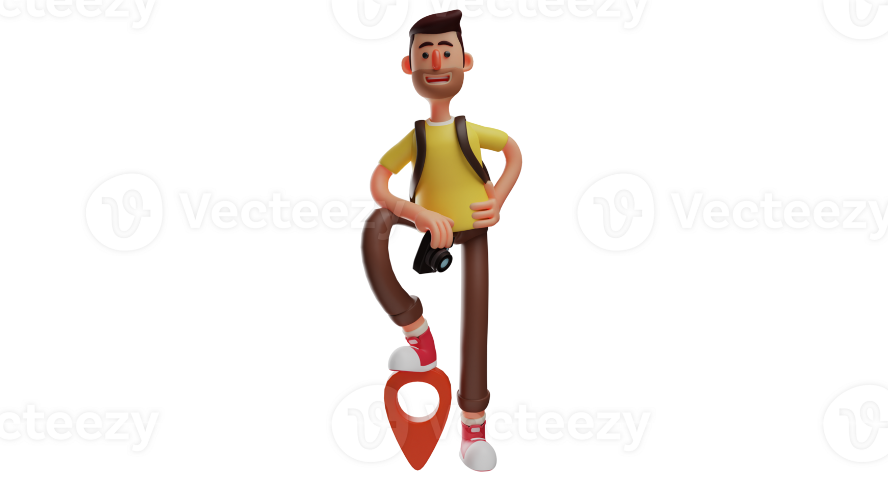 3D Illustration. Adventurous 3D cartoon character. Men who like to adventure to various regions. The young man lifted one leg to the location symbol. 3D cartoon character png