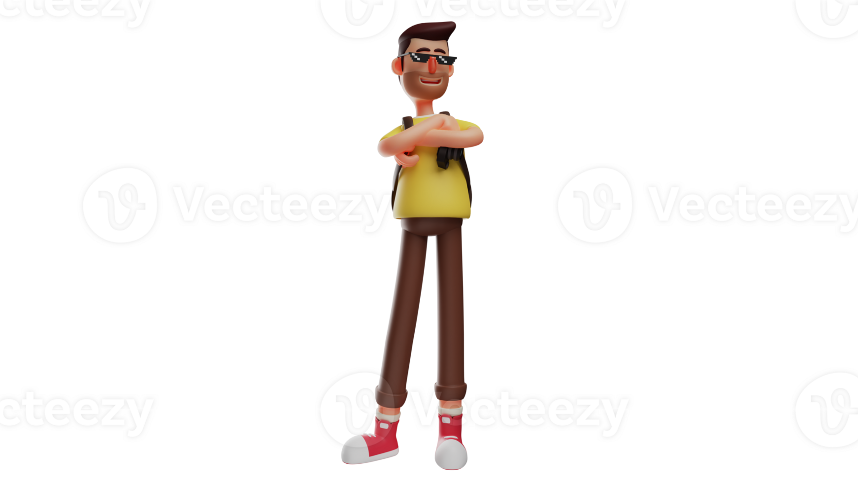 3D illustration. Charming Tourist 3D cartoon character. Tourist stood with his arms crossed and observed the situation in front of him. Tourists wear sunglasses and look dashing. 3D cartoon character png