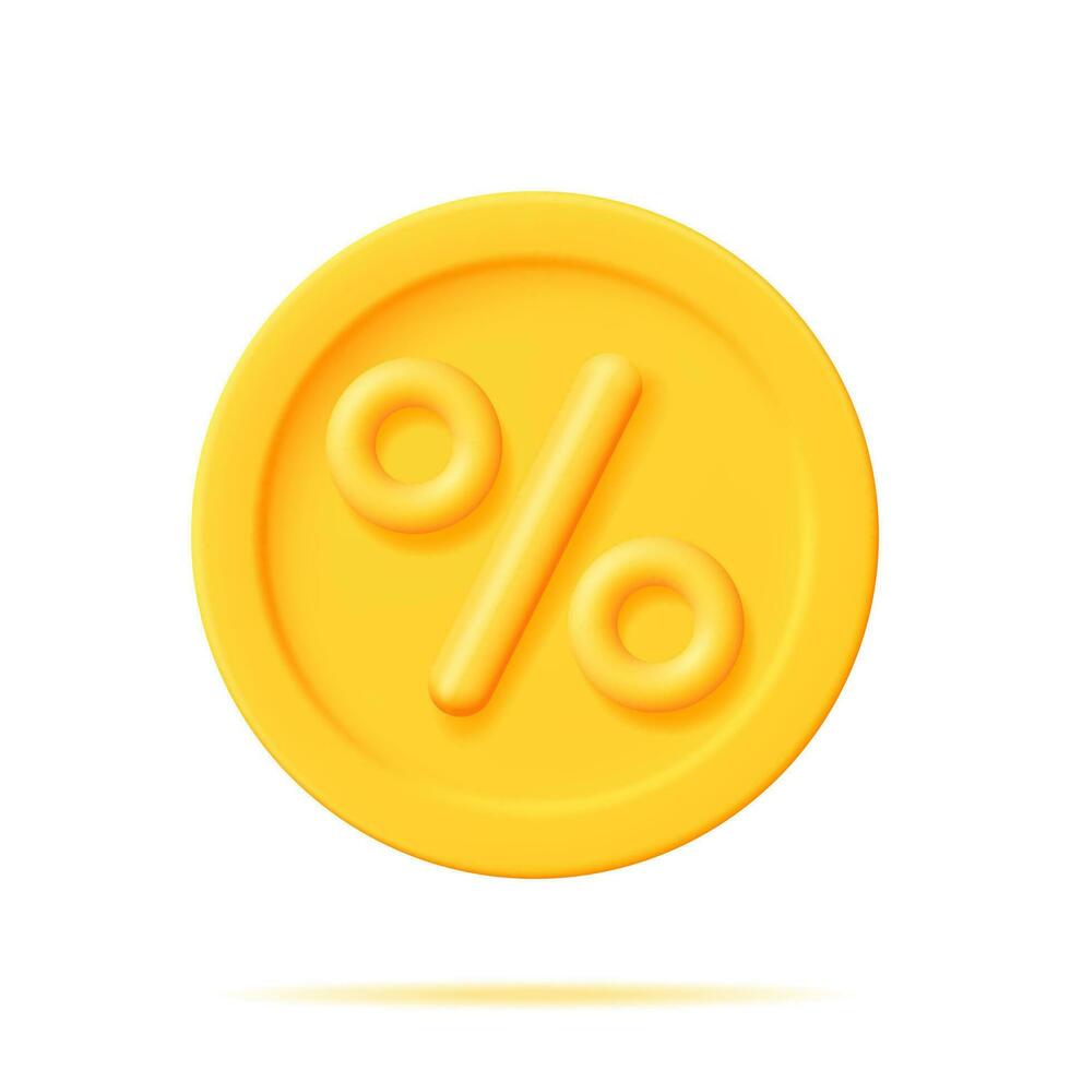 3D Percent Sign in Gold Coin Isolated. Render Money, Finance or Business Concept. Percentage, Sale, Discount, Promotion and Shopping Symbol. Offer, Price Tag, Coupon, Bonus. Vector Illustration