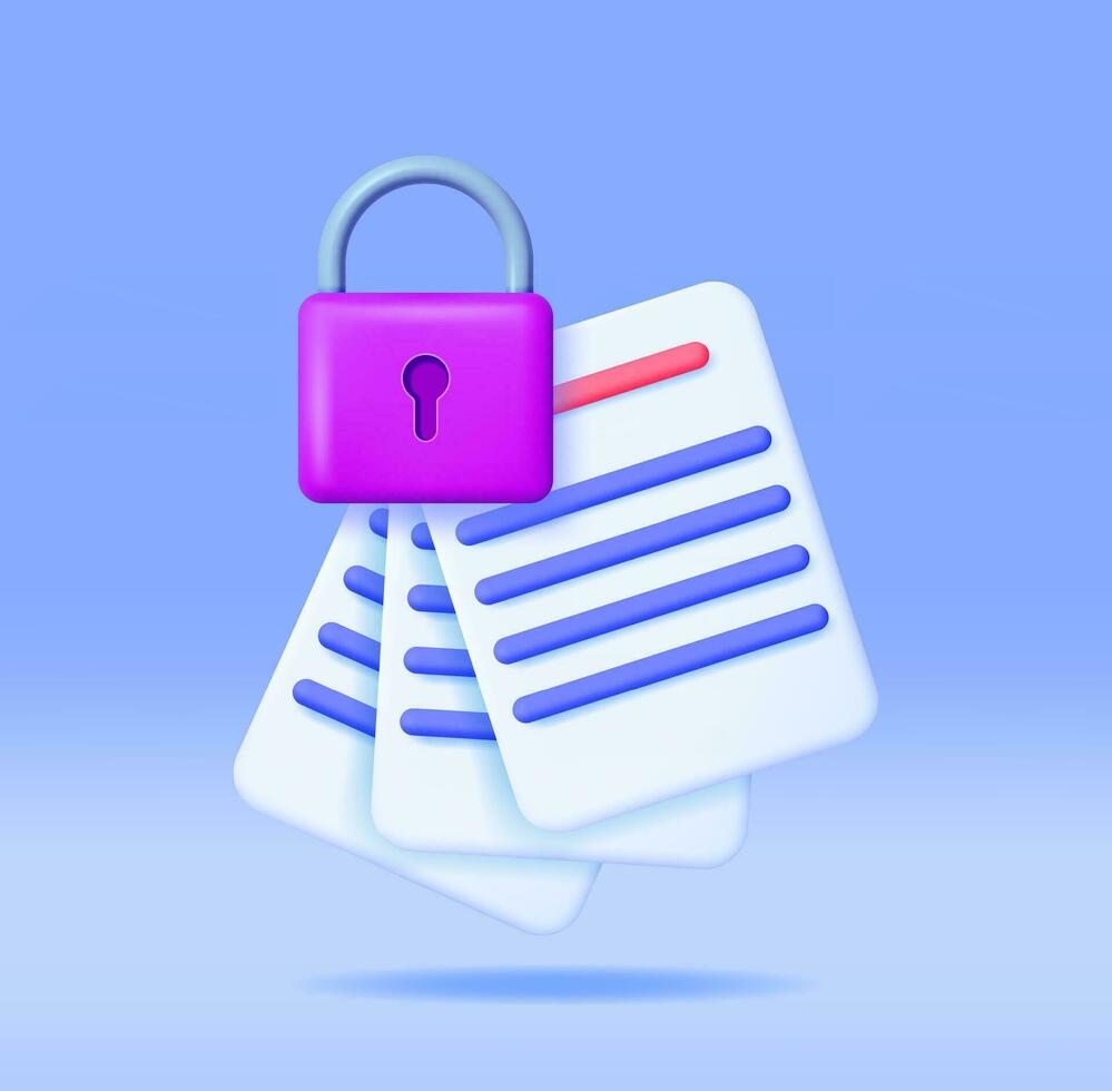 3D Document with Padlock Isolated. Render Paper Sheet and Pad Lock. Concept of Business Security, Data Protection and Confidentiality. Safety, Encryption and Privacy. Vector Illustration