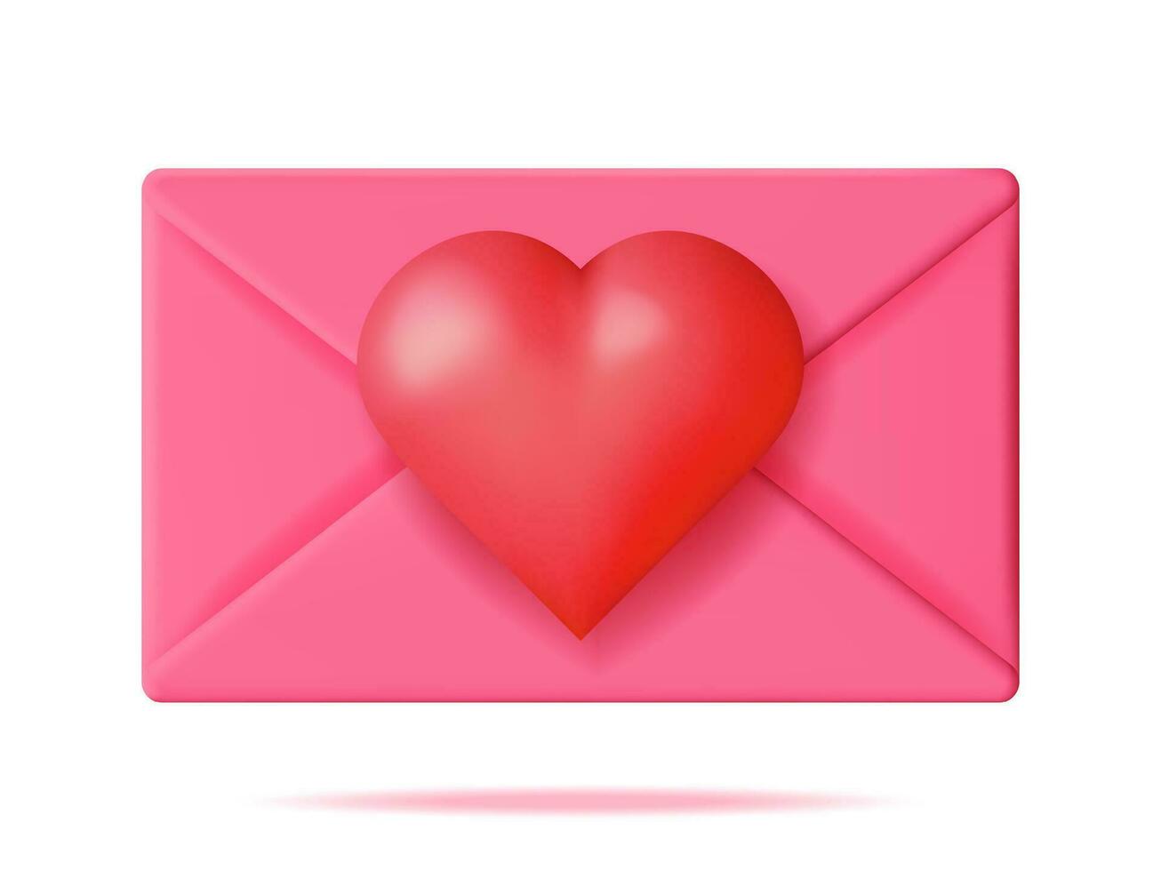 3D Open Envelope Letter with Red Heart Isolated. Render Pink Mail with Heart Inside. Love Symbol. Romance, Passion, Wedding, Valentine Day Celebration Decoration Card. Realistic Vector Illustration