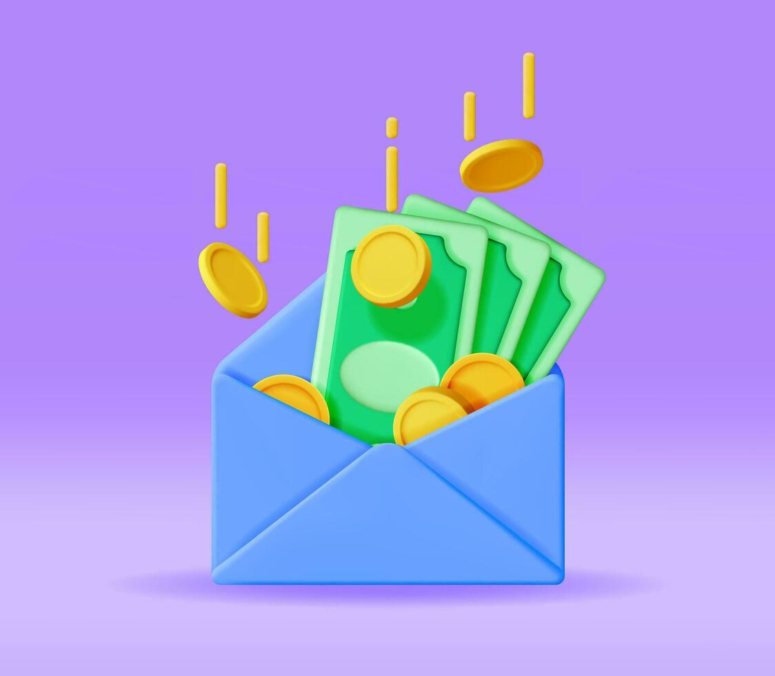 3D Opened Envelope with Money Inside Isolated. Render Paper Letter with Coin and Dollar Cash. Money Savings, Gift, Charity Symbol, Donation and Humanity. Vector Illustration