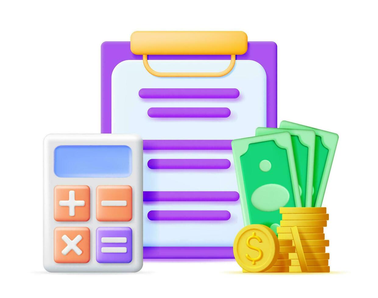 3D Report with Money and Calculator. Checks Money Balance. Render Financial Reports Statement and Documents. Accounting, Bookkeeping, Audit Debit, Tax and Credit Calculations. Vector Illustration