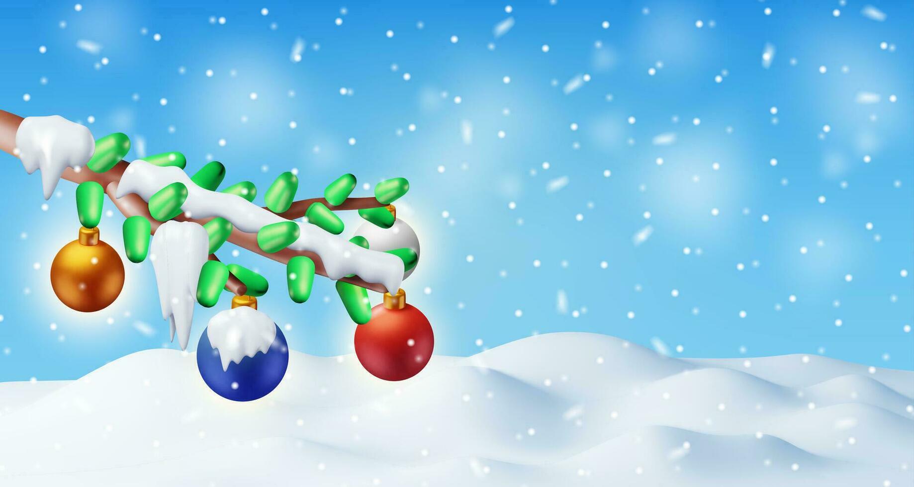 3d Navidad árbol ramas y colgando vaso pelotas en nieve. hacer vaso juguete adornos contento nuevo año decoración. alegre Navidad día festivo. nuevo año y Navidad celebracion. vector ilustración