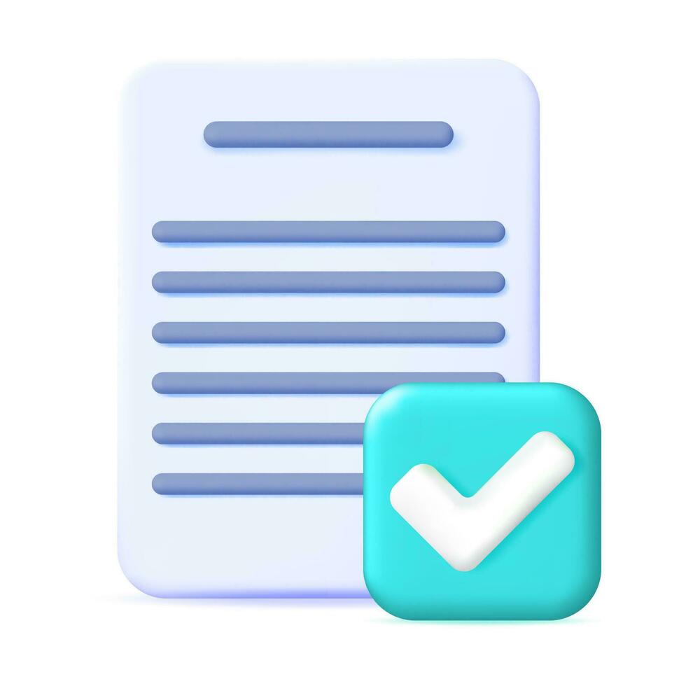 3D Paper Blank with Checklist Symbol. Paper Sheet and Green Check Mark Icon. Checkmark Tick Confirmation. Right Choice. Agreement, Approval or Trust. Vector Illustration