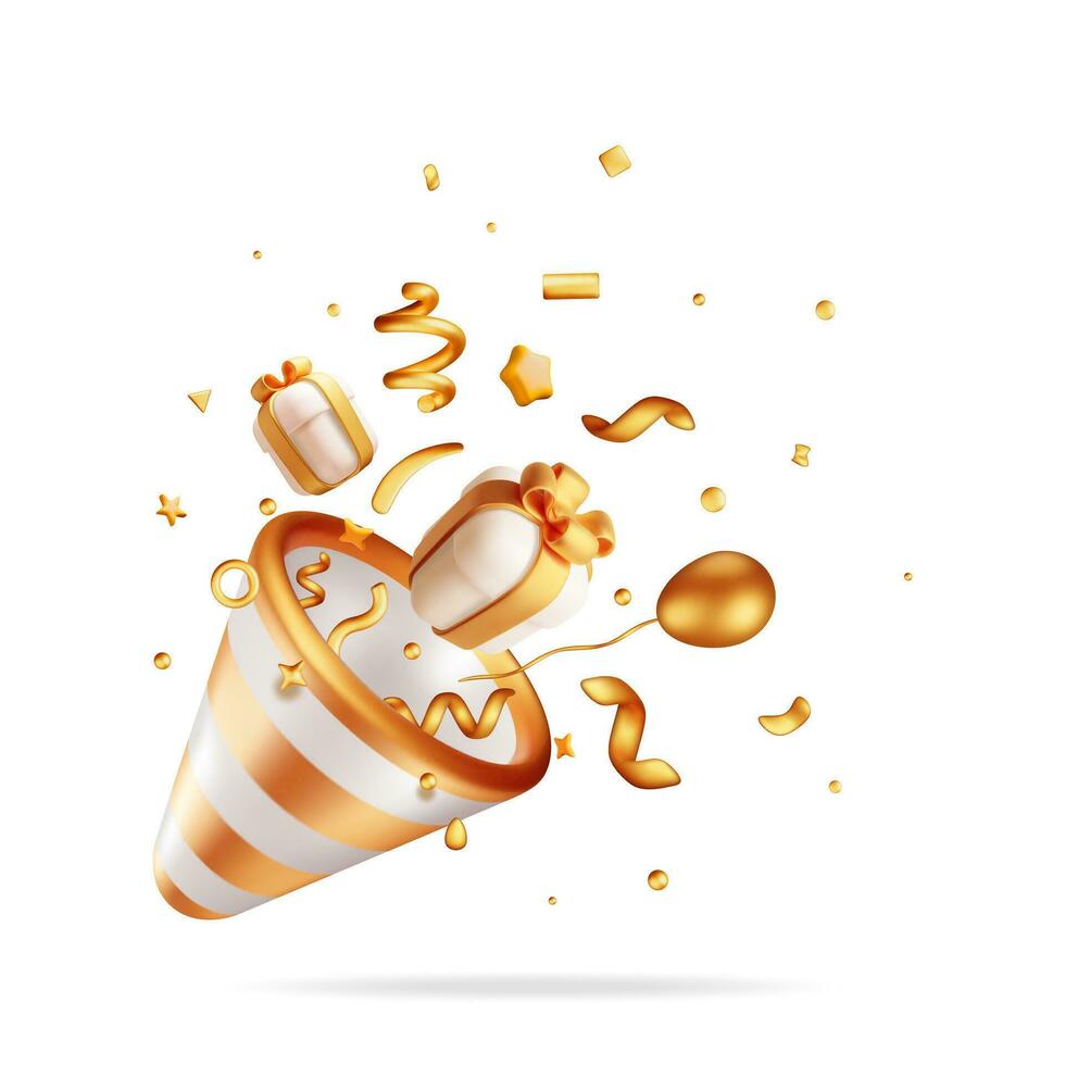 3D Gold Party Popper with Confetti Isolated on White. Render Golden Confetti Collection. Striped Firecracker Elements in Various Shapes. Party, Holyday Surprise or Birthday Events. Vector Illustration