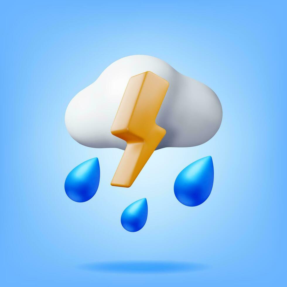 3D Cloud with Lightning and Water Drop Icon Isolated. Render Heavy Rain Weather Icon. Thunderstorm in Fluffy Cloud. Realistic Weather Symbol. Vector Illustration