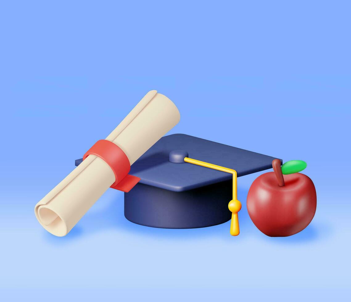 3d manzana, certificado con sello y graduación gorra. hacer blanco diploma con Insignia y educación sombrero. diploma o acreditación. objetivo y logro. negocio graduación concepto. vector ilustración