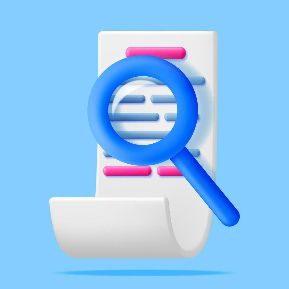3D Paper Document with Magnifying Glass Isolated. Analysis of Sheet Scroll with Loupe. Focus Research and Data Monitoring. Discovery, Analysis, Research, Investigation, Search. Vector Illustration