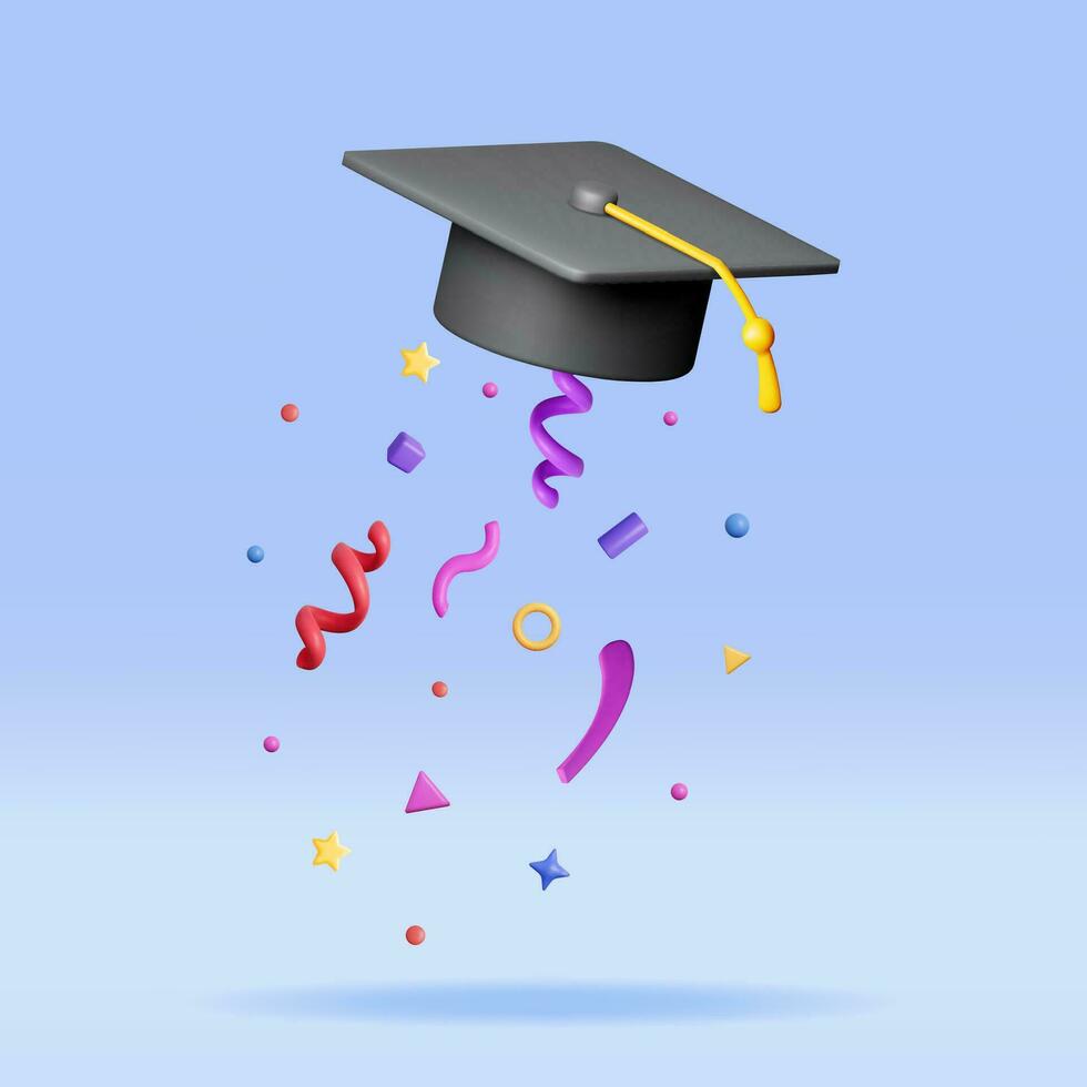 3D Graduation Hat in Air with Confetti Isolated. Render Graduation Cap in Confetti. Concept of Education. College or University Ceremony. Bachelor Party. Vector Illustration