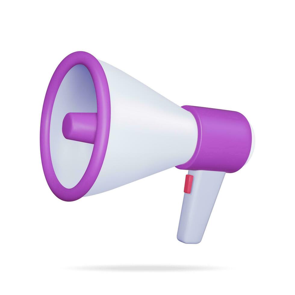 3D Megaphone Isolated on White Background. Render Plastic Megaphone Realistic. Modern Bullhorn or Loudspeaker. Announcement Message, Marketing, Job, Attention. Vector Illustration